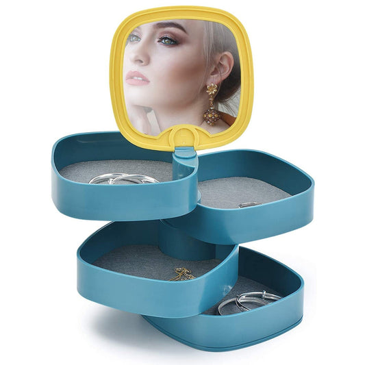 Teal rotating jewellery box with all 4 layers swung open