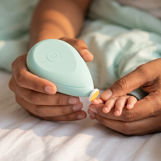Parent filing a baby's fingernail with the electric trimmer