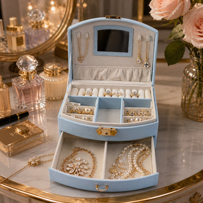 Multi-layer jewellery box open with mirror, trays and pull-out drawer