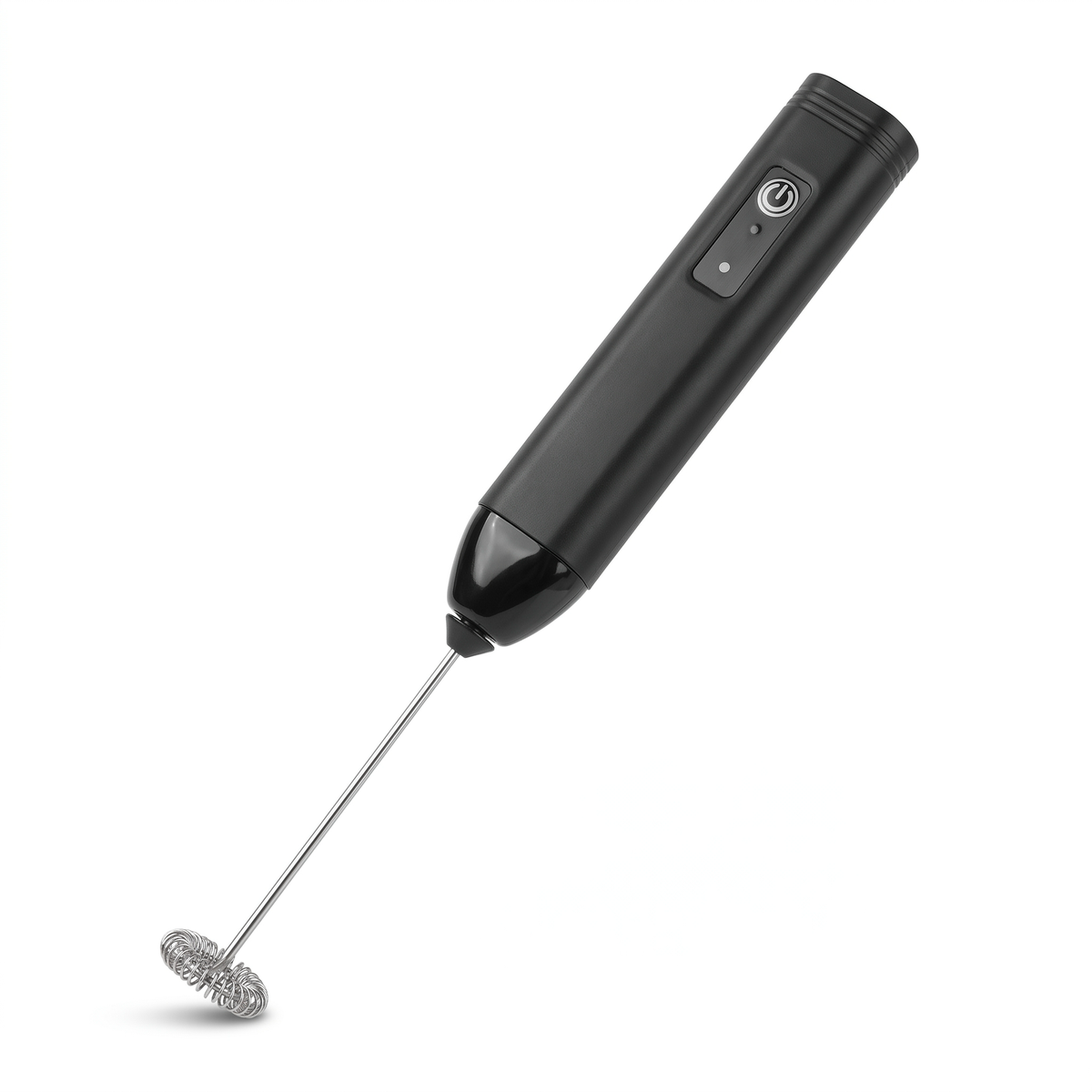 Milk frother side view showing button and tapered head