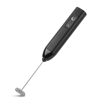 Milk frother side view showing button and tapered head