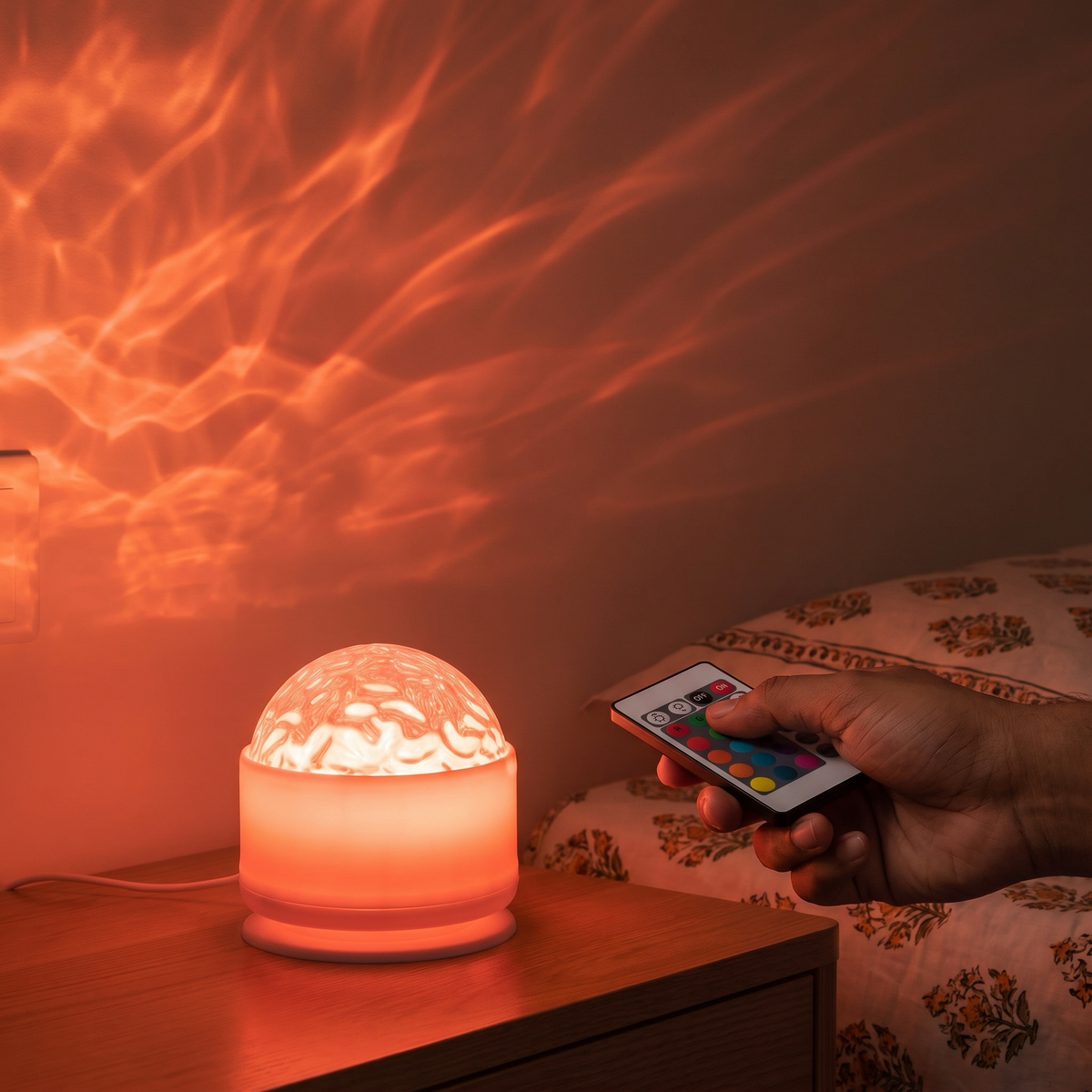 Projector lighting an Indian bedroom wall with moving colour