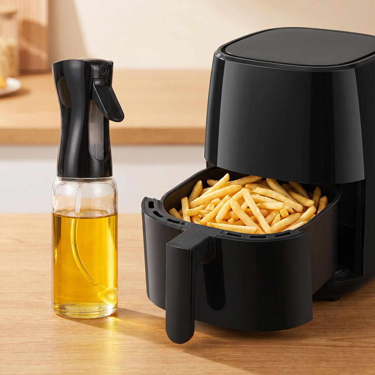 Oil sprayer next to an air fryer basket of crispy fries