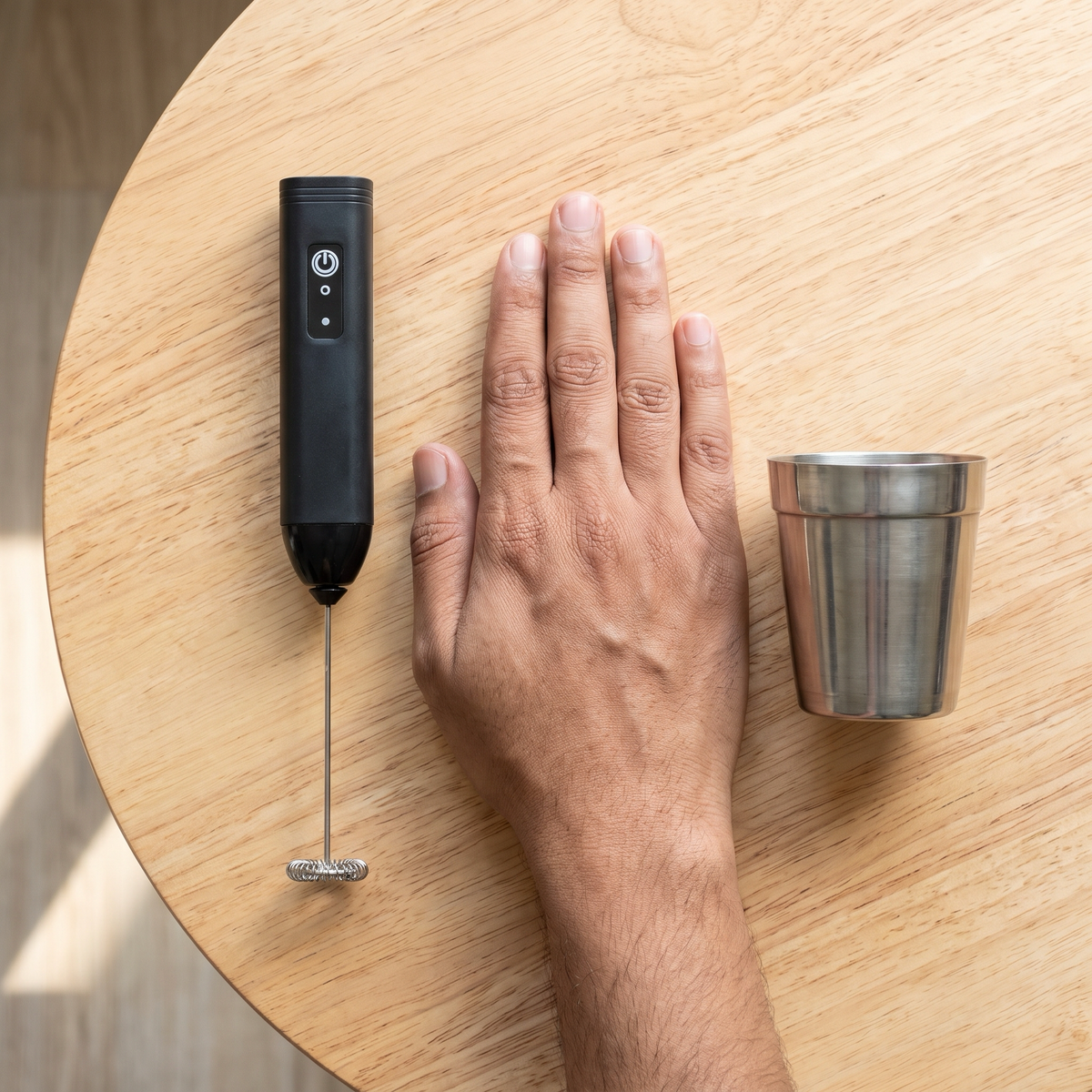 Milk frother size compared with a chai glass and hand