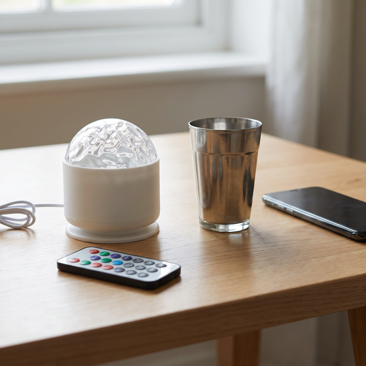 Projector size next to a chai glass and phone