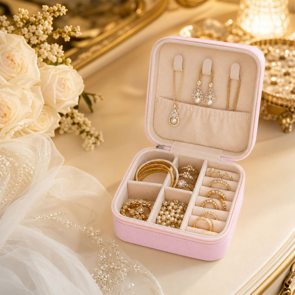 Travel jewellery box with chains on the lid hooks and rings in the base