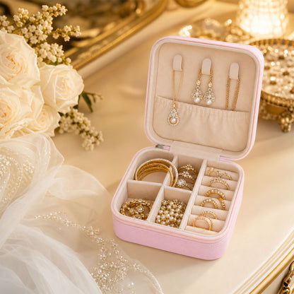 Travel jewellery box with chains on the lid hooks and rings in the base