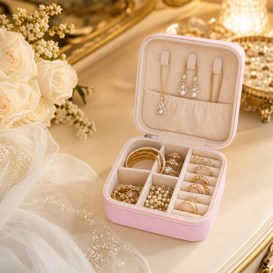 Travel jewellery box with chains on the lid hooks and rings in the base