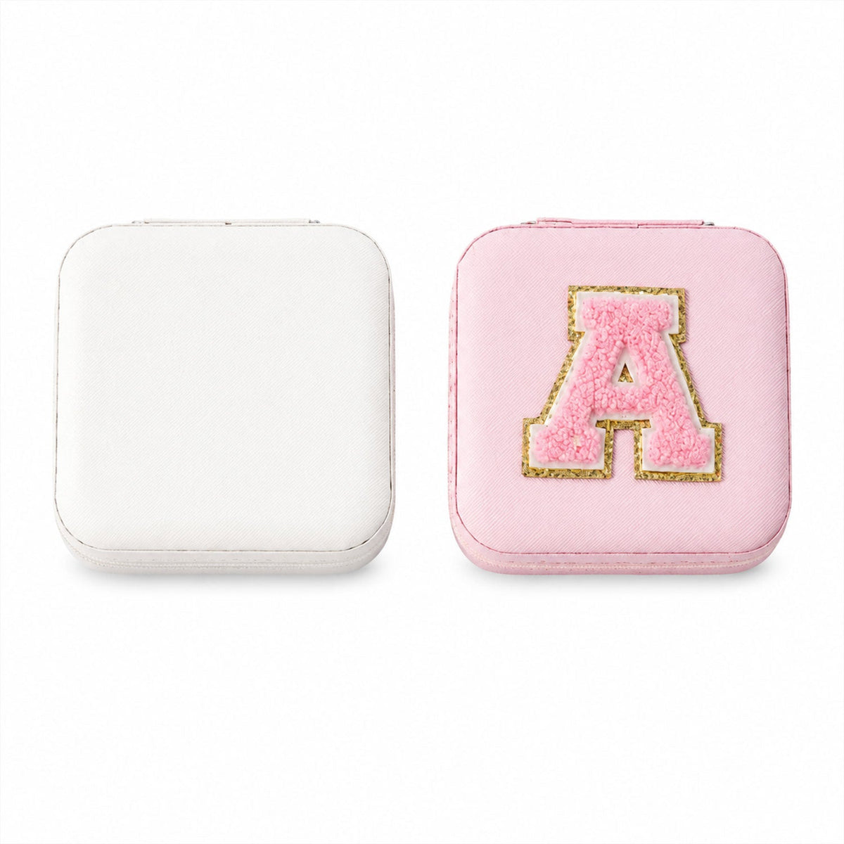 Travel jewellery box colours: white, and pink with a letter patch